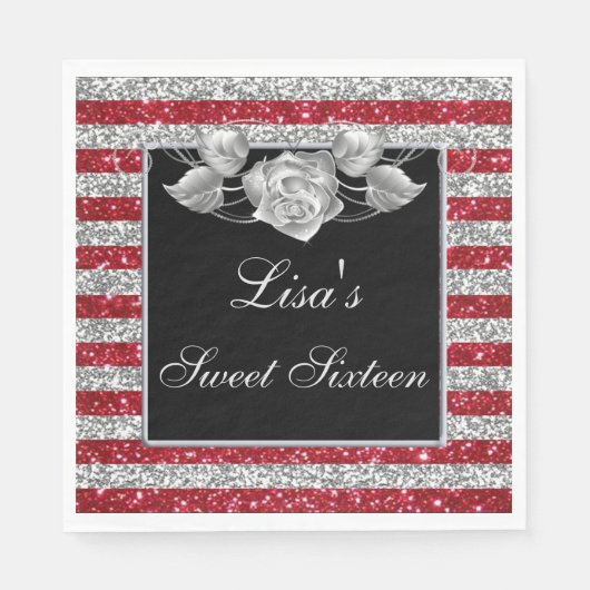 Eleganter Red Silver Glitzer Silver Rose Sweet 16 Serviette (Vorderseite)