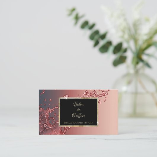 Eleganter Red Splash Black and Gold Hair Salon Visitenkarte (Stehend Vorderseite)
