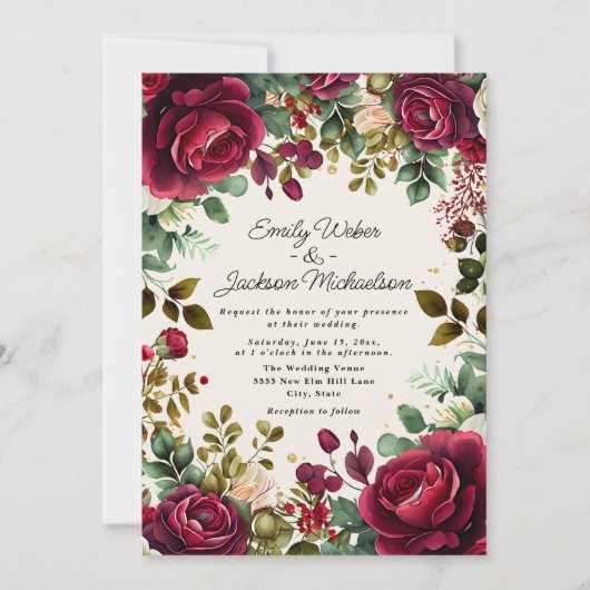 Eleganter Red Watercolor Floral Gold Glitzer Hochz Einladung (Vorderseite)