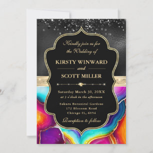 Eleganter Regenbogen-Achat Schwarze Glitter-Hochze Einladung