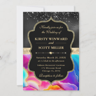 Eleganter Regenbogen-Achat Schwarze Glitter-Hochze Einladung