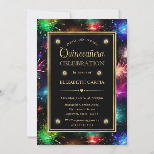 Eleganter Regenbogen-Feuerwerk-Rahmen Quinceanera Einladung
