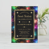 Eleganter Regenbogen Fireworks Frame 16 . Geburtst Einladung (Stehend Vorderseite)