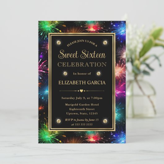 Eleganter Regenbogen Fireworks Frame 16 . Geburtst Einladung (Stehend Vorderseite)