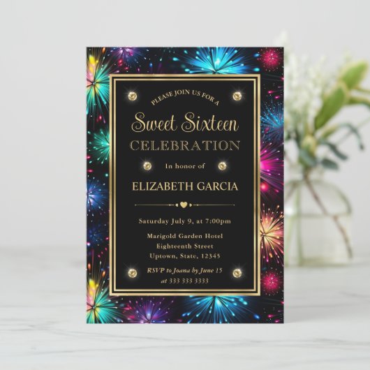 Eleganter Regenbogen Fireworks Frame 16 . Geburtst Einladung (Stehend Vorderseite)