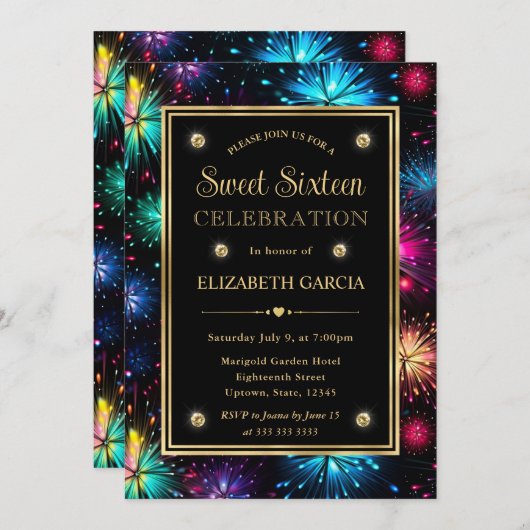 Eleganter Regenbogen Fireworks Frame 16 . Geburtst Einladung (Vorne/Hinten)