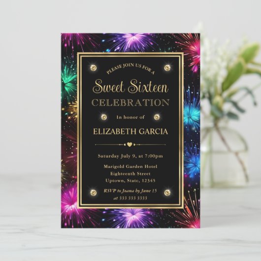 Eleganter Regenbogen Fireworks Frame 16 . Geburtst Einladung (Stehend Vorderseite)
