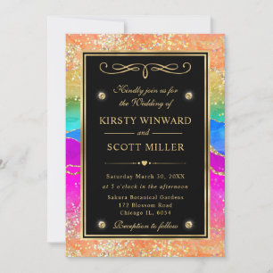 Eleganter Regenbogen Glitter Achat und Gold Hochze Einladung