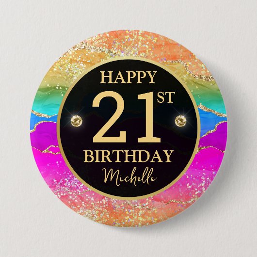 Eleganter Regenbogen-Gold-Glitter-Achat 21. Geburt Button (Vorderseite)