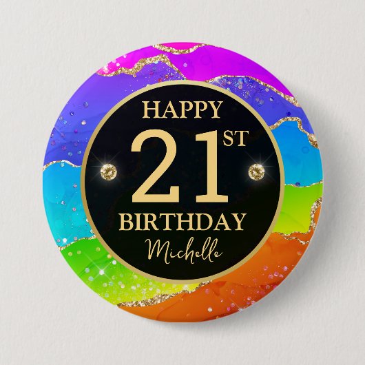 Eleganter Regenbogen-Gold-Glitter-Achat 21. Geburt Button (Vorderseite)