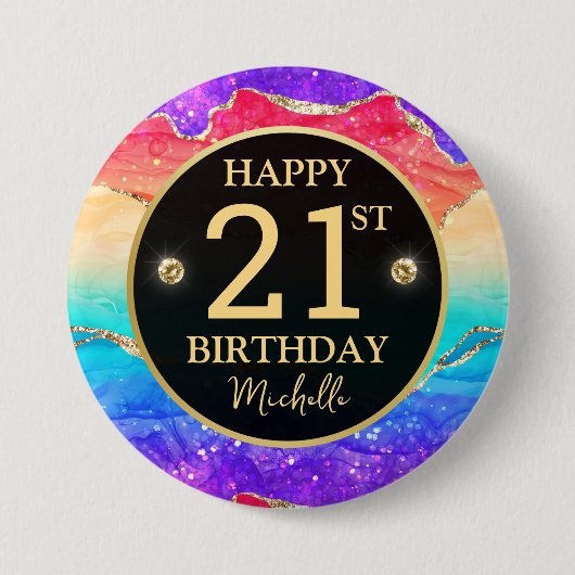 Eleganter Regenbogen-Gold-Glitter-Achat 21. Geburt Button (Vorderseite)