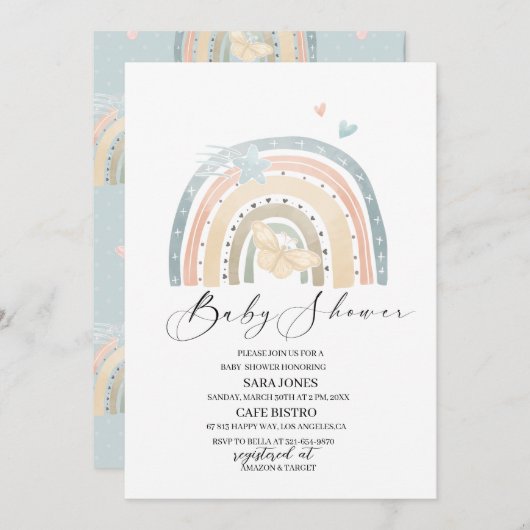 Eleganter Regenbogen und Schmetterling Einladung (Vorne/Hinten)