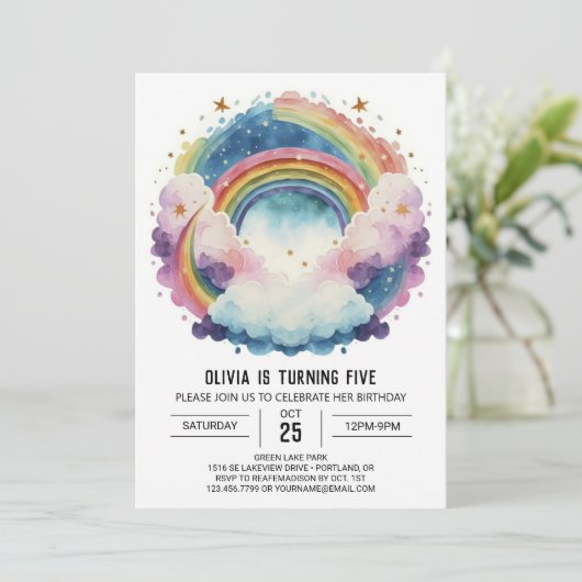 Eleganter Regenbogen Wolken Geburtstag Einladung (Stehend Vorderseite)