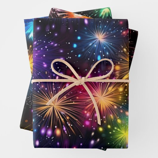 Eleganter Regenbogenfeuerwerk auf schwarzem Hinter Geschenkpapier Set (Beispiel)