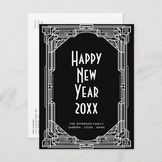Eleganter Retro-Art Deko Happy New Year Postkarte (Vorne/Hinten)