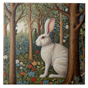 Eleganter Retro-Boho-Weißer Hase Waldflora Fliese
