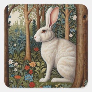Eleganter Retro-Boho-Weißer Hase Waldflora Quadratischer Aufkleber