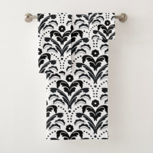 Eleganter Retro Kunst-Deko-Schwarzweiss-Damast Badhandtuch Set
