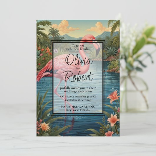 Eleganter Retro-Rosa Flamingo tropischer Bohengart Einladung (Stehend Vorderseite)