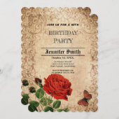 Eleganter Retro-rote Rose Einladung (Vorne/Hinten)