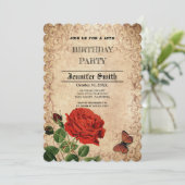 Eleganter Retro-rote Rose Einladung (Stehend Vorderseite)