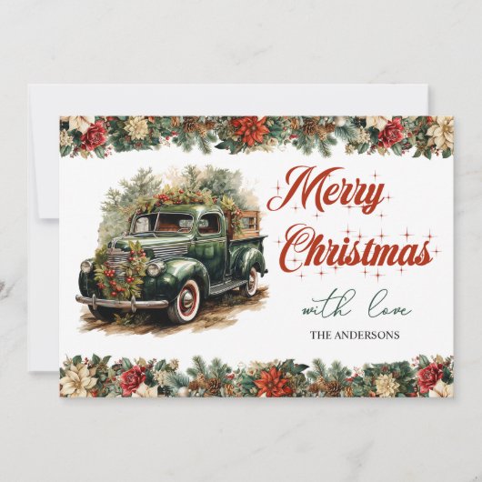 Eleganter Retro Vintage Weihnachtsgrün LKW Feiertagskarte (Vorderseite)