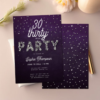 Eleganter Rhinestones Glitzer Lila 30. Geburtstag Einladung