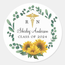 Eleganter RN Sunflower Nurse Abschluss Runder Aufkleber