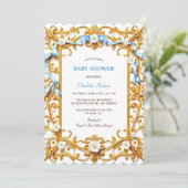 Eleganter Rokoko Blue Gold Floral Boy Baby Shower Einladung (Stehend Vorderseite)