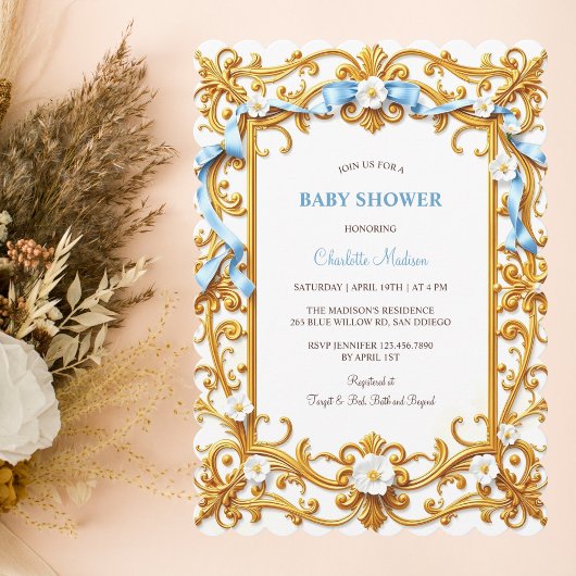 Eleganter Rokoko Blue Gold Floral Boy Baby Shower Einladung