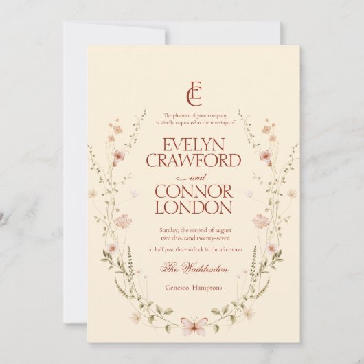 Eleganter Rokoko Monogram Rustikale Hochzeit Einladung (Vorderseite)