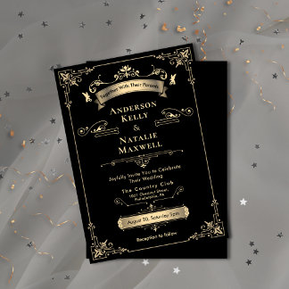 Eleganter Rokoko Ornament Black & Gold Wedding Einladung