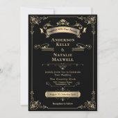 Eleganter Rokoko Ornament Black & Gold Wedding Einladung (Vorderseite)