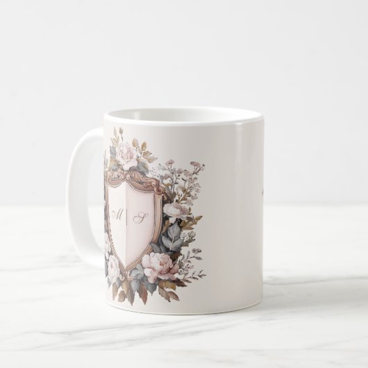 Eleganter Rokoko Wedding Wappen Initials Kaffeetasse (Vorderseite Links)