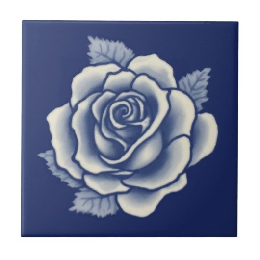 Eleganter romantischer Chic blaue florale Damast-R Fliese (Vorderseite)