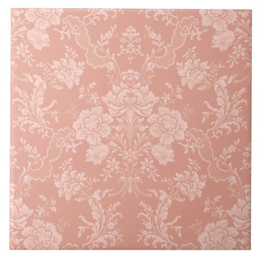 Eleganter Romantischer Chic Floral Damask Peach Fliese (Vorderseite)