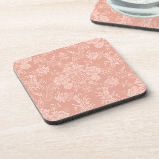 Eleganter Romantischer Chic Floral Damask Peach Getränkeuntersetzer (Linke Seite)