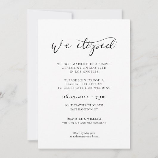 Eleganter romantischer Kalligraphie Elopement Empf Einladung (Vorderseite)