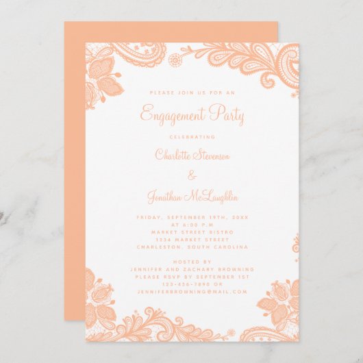 Eleganter romantischer Lace Engagement Party Peach Einladung (Vorne/Hinten)