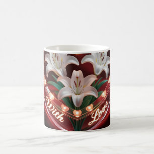 Eleganter romantischer Lilienstrauß in herzförmige Kaffeetasse