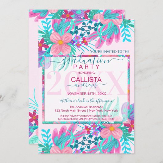 Eleganter, rosa, Aquamarin gestrichene Blume Leaf Einladung (Vorne/Hinten)