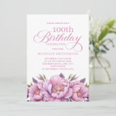 Eleganter rosa Aquarell Floral 100. Geburtstag Einladung (Stehend Vorderseite)
