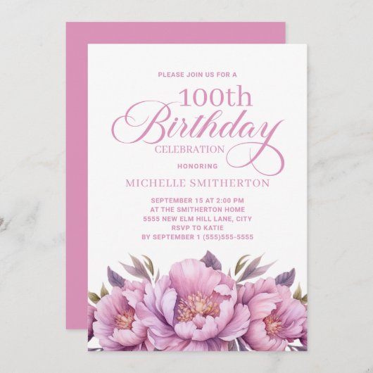 Eleganter rosa Aquarell Floral 100. Geburtstag Einladung (Vorne/Hinten)