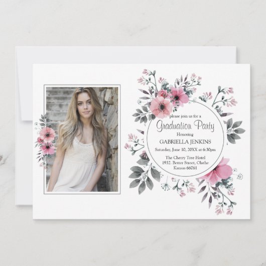 Eleganter Rosa Aquarell Florals Foto Abschluss Einladung (Vorderseite)