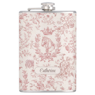Eleganter Rosa Beiger Reitsport Floral Toile Name Flachmann