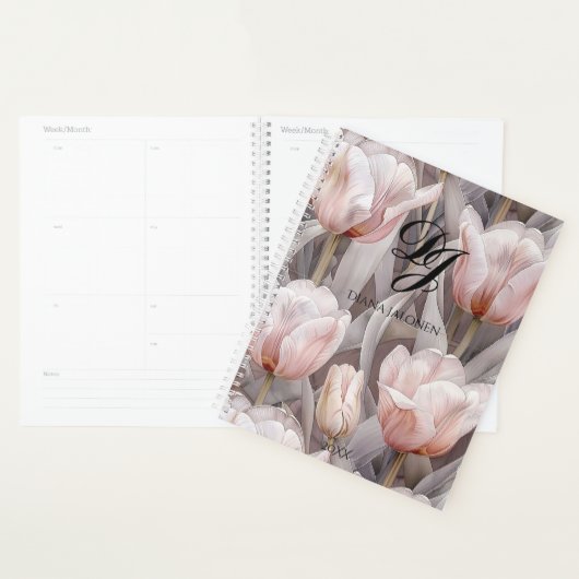 Eleganter rosa Blume Monogramm Personalisierter Na Planer (Anzeige)