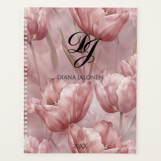 Eleganter rosa Blume Monogramm Personalisierter Na Planer (Vorderseite)