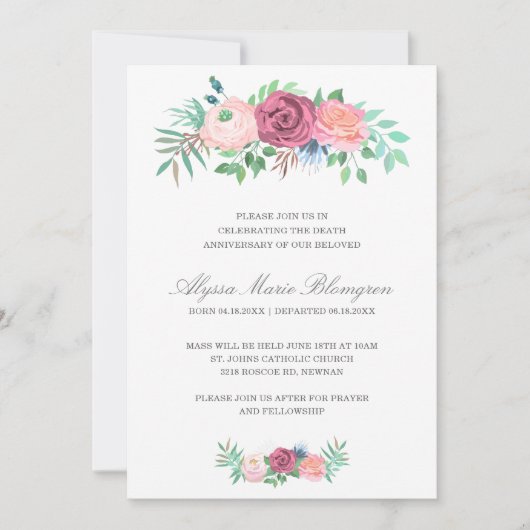 Eleganter rosa Blumengarten Todesanfang Einladung (Vorderseite)