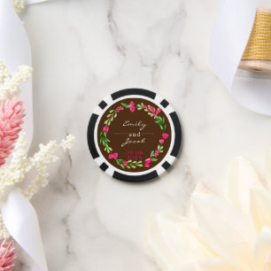 Eleganter rosa Blumenkranz braune Hochzeit Pokerchips