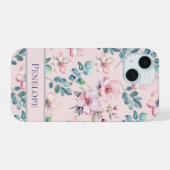 Eleganter rosa Blumenmuster - Beispiel für das Tel iPhone 15 Hülle (Rückseite (Horizontal))